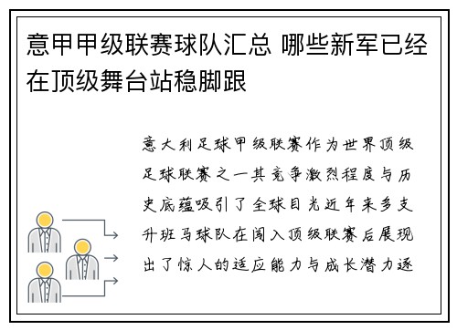 意甲甲级联赛球队汇总 哪些新军已经在顶级舞台站稳脚跟