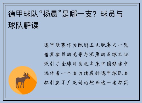 德甲球队“扬晨”是哪一支？球员与球队解读